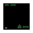 CD cover art for Dr. Dre's album 2001 featuring a black background with green text and a marijuana leaf symbol.