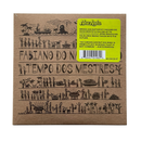 A square graphic print or poster with a tan background and black illustrated rows of figures, plants, animals, and tools, with large stylized text reading 'FABIANO DO NASCIMENTO TEMPO DOS MESTRES.'