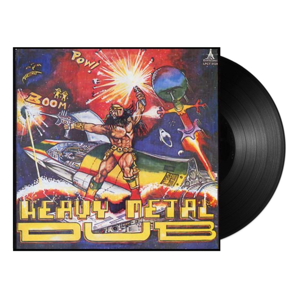 Vinyl record with a colorful album cover featuring action-packed graphics and text Heavy Metal Dub 