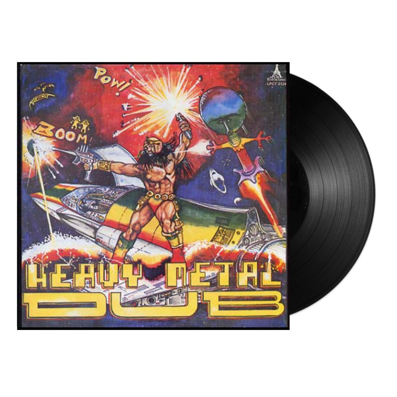 Vinyl record with a colorful album cover featuring action-packed graphics and text Heavy Metal Dub 