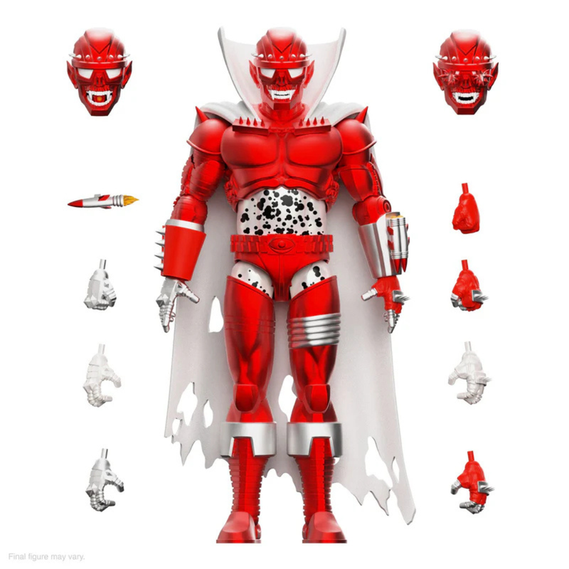 Red and white action figure with interchangeable parts on a white background