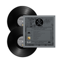 Vinyl records with a cover displaying album details on a grey background