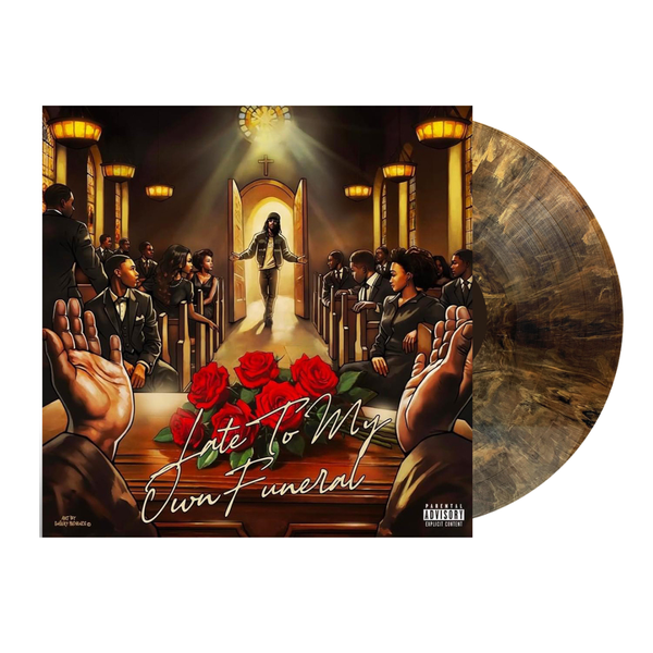 Vinyl record cover with a funeral scene, red roses, and text 'Life Is My Own Funeral' and a copper colored record