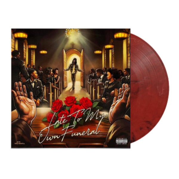 Red Marbled Vinyl record with a cover featuring a funeral scene and red roses for Boldy James' Late to My Own Funeral. 