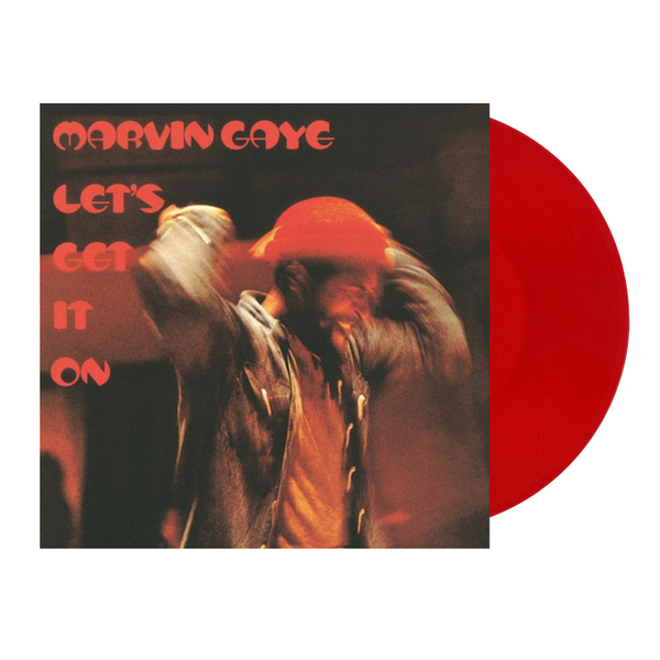 red Vinyl record with a cover featuring Marvin Gaye and text 'Let's Get It On' on a white background.