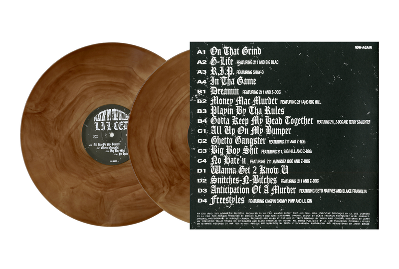 Vinyl records with a black cover displaying track listings on a white background, with brown galaxy records on the left 