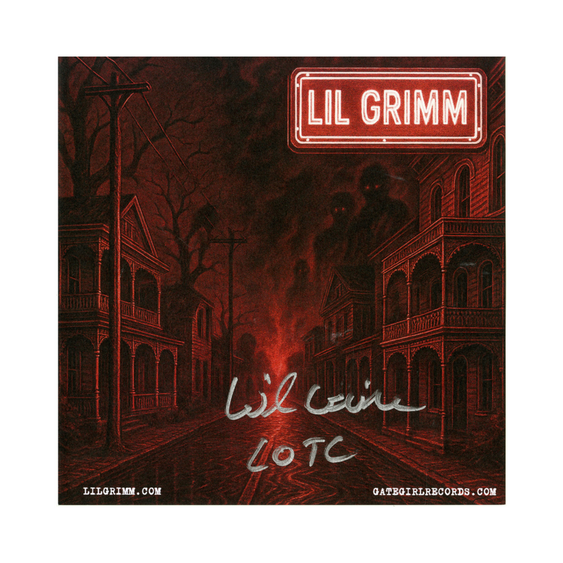 printed insert with red-themed street scene and 'Lil Grimm' signature