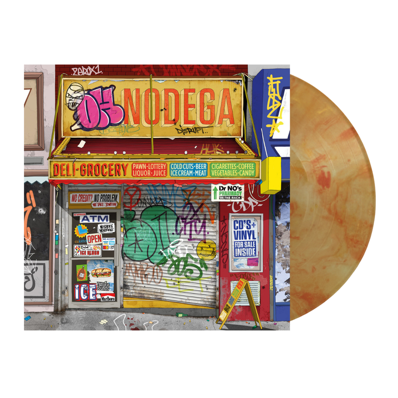 golden colored Vinyl record with a cover featuring a graffiti-covered storefront and 'Nodega' branding.