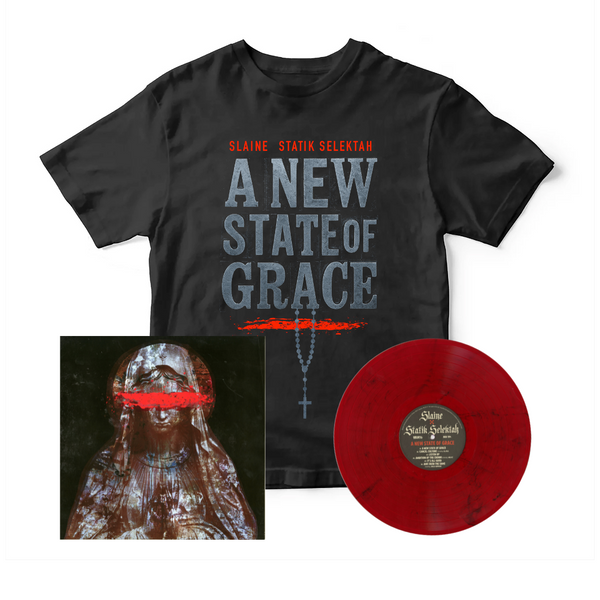 Black t-shirt with 'A New State of Grace' text, red vinyl record, and album cover with a statue 