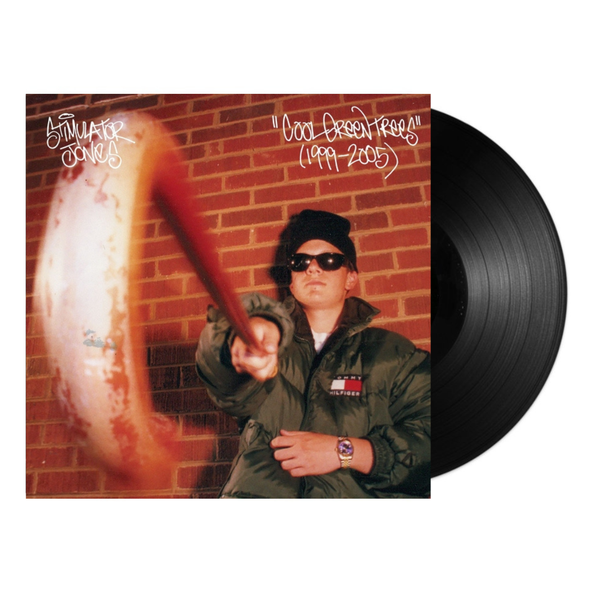 Vinyl record with a person holding a bat against a brick wall, featuring album cover art for stimualtor jones 