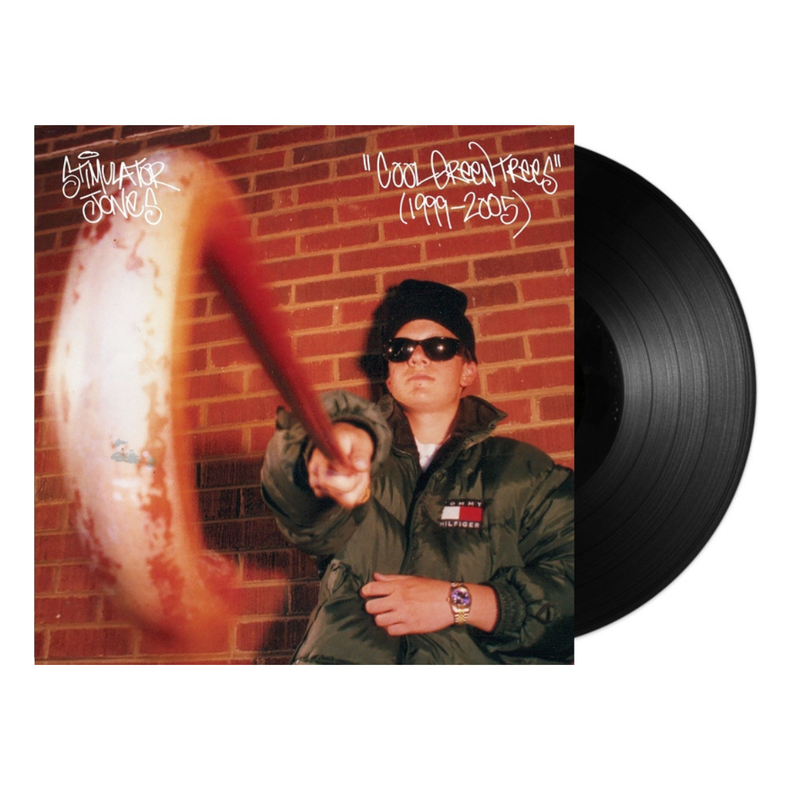 Vinyl record with a person holding a bat against a brick wall, featuring album cover art for stimualtor jones 