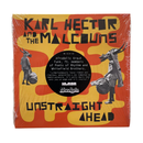 Album cover art for 'Unstraight Ahead' by Karl Hector and the Malcons, featuring a bold orange and yellow abstract background with black text and two black-and-white illustrated figures carrying drums.