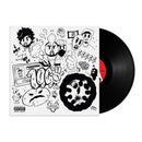 A black vinyl record with a white cover art featuring a black and white illustration of various hip-hop related imagery and characters. The cover has a Parental Advisory label.