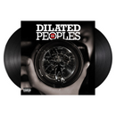 A vinyl record album cover for Dilated Peoples with a black background, featuring a person holding a record with a broken glass pattern overlay.