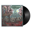 A vinyl record labeled Nehruvian DOOM with a colorful album cover art featuring illustrations of people, trees, and a cityscape.